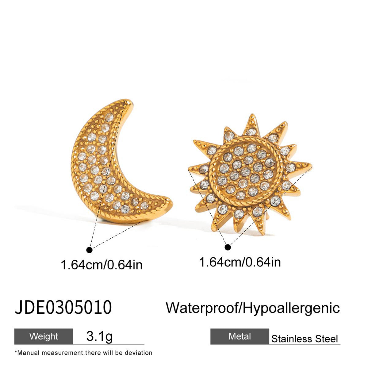 Hypoallergenic Sun-Moon Ear Studs: CZ-Embedded Stainless Steel