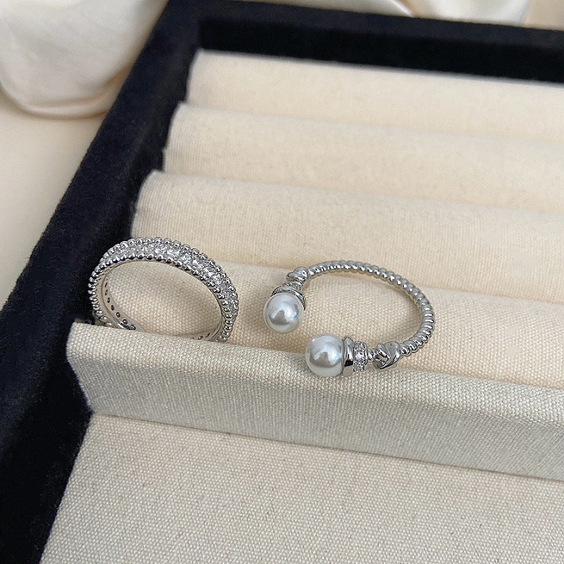 Vintage Style Twisted Pearl & Full Pavé Zirconia Ring Stack Set