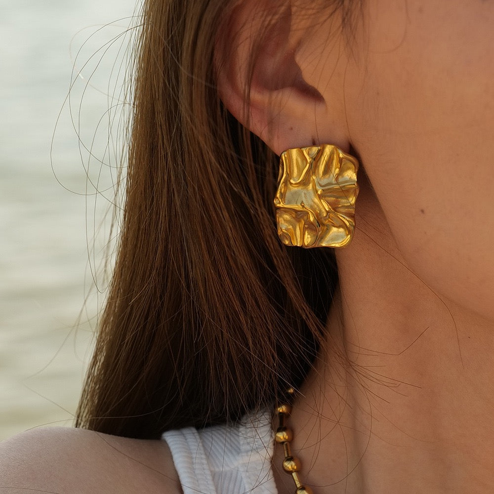 18K Gold Titanium Steel Earrings – Lava Crinkle Hammered Texture Design
