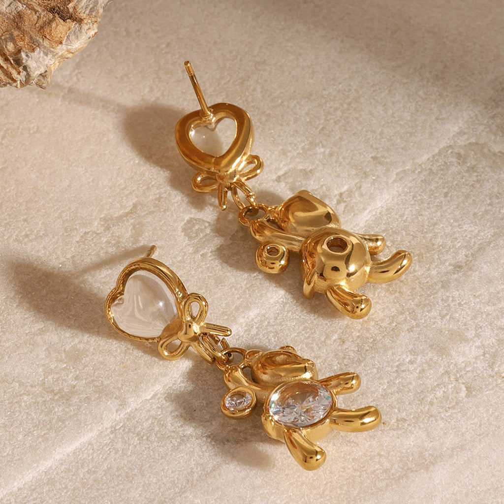 Hypoallergenic Round Bear Earrings with White Zirconia