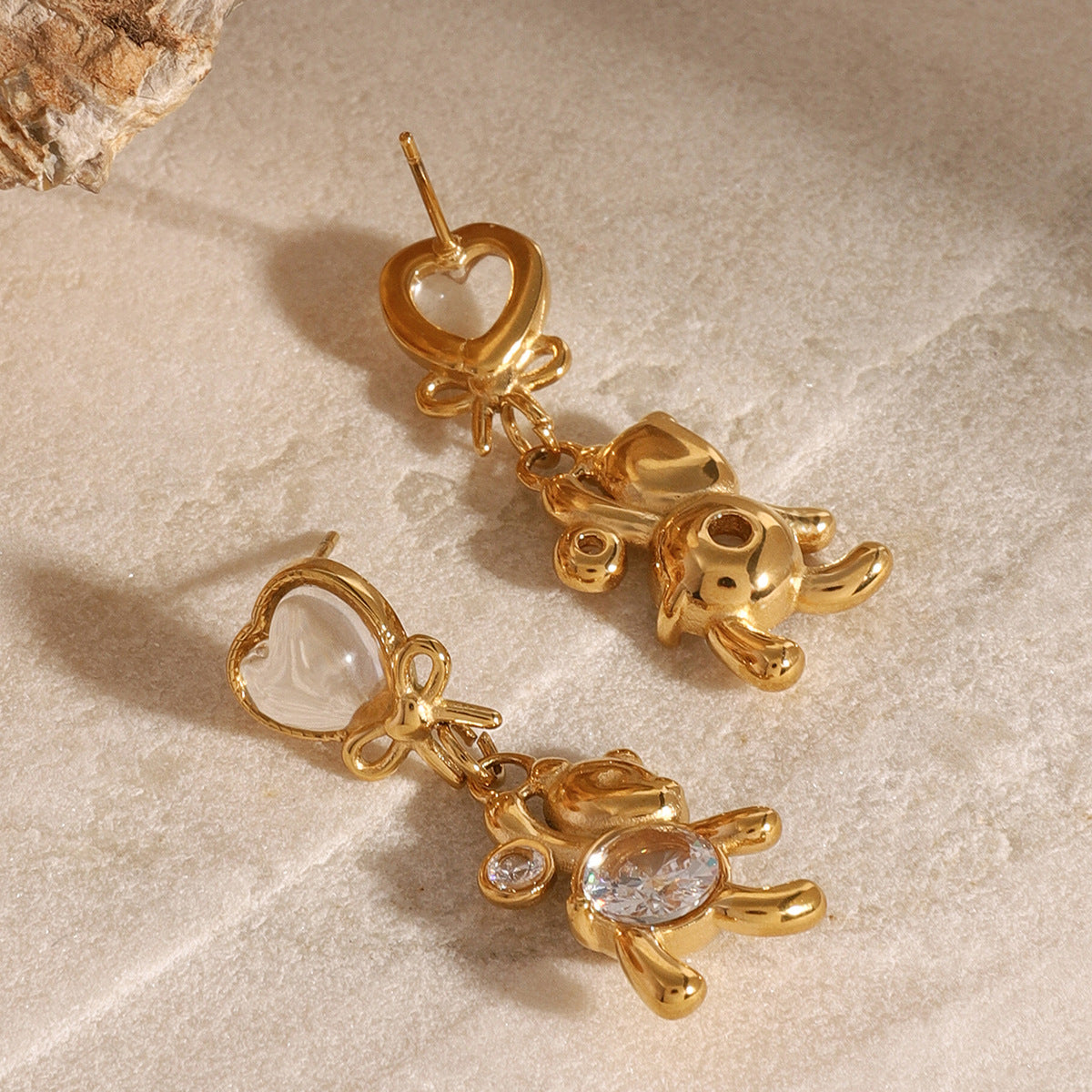 Hypoallergenic Round Bear Earrings with White Zirconia