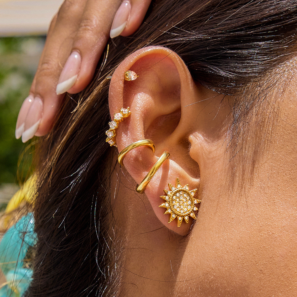 Hypoallergenic Sun-Moon Ear Studs: CZ-Embedded Stainless Steel