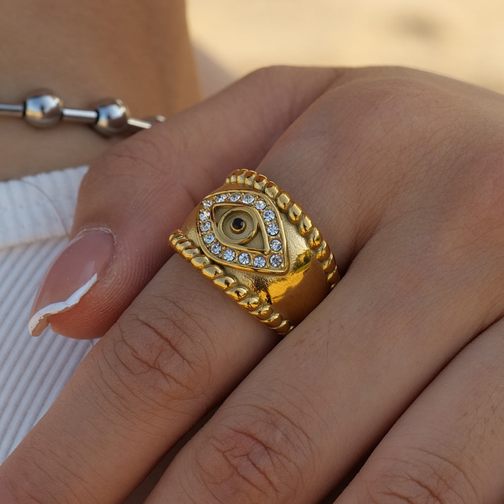 Titanium Steel 18K Gold Plated Black Cubic Zirconia Evil Eye Ring