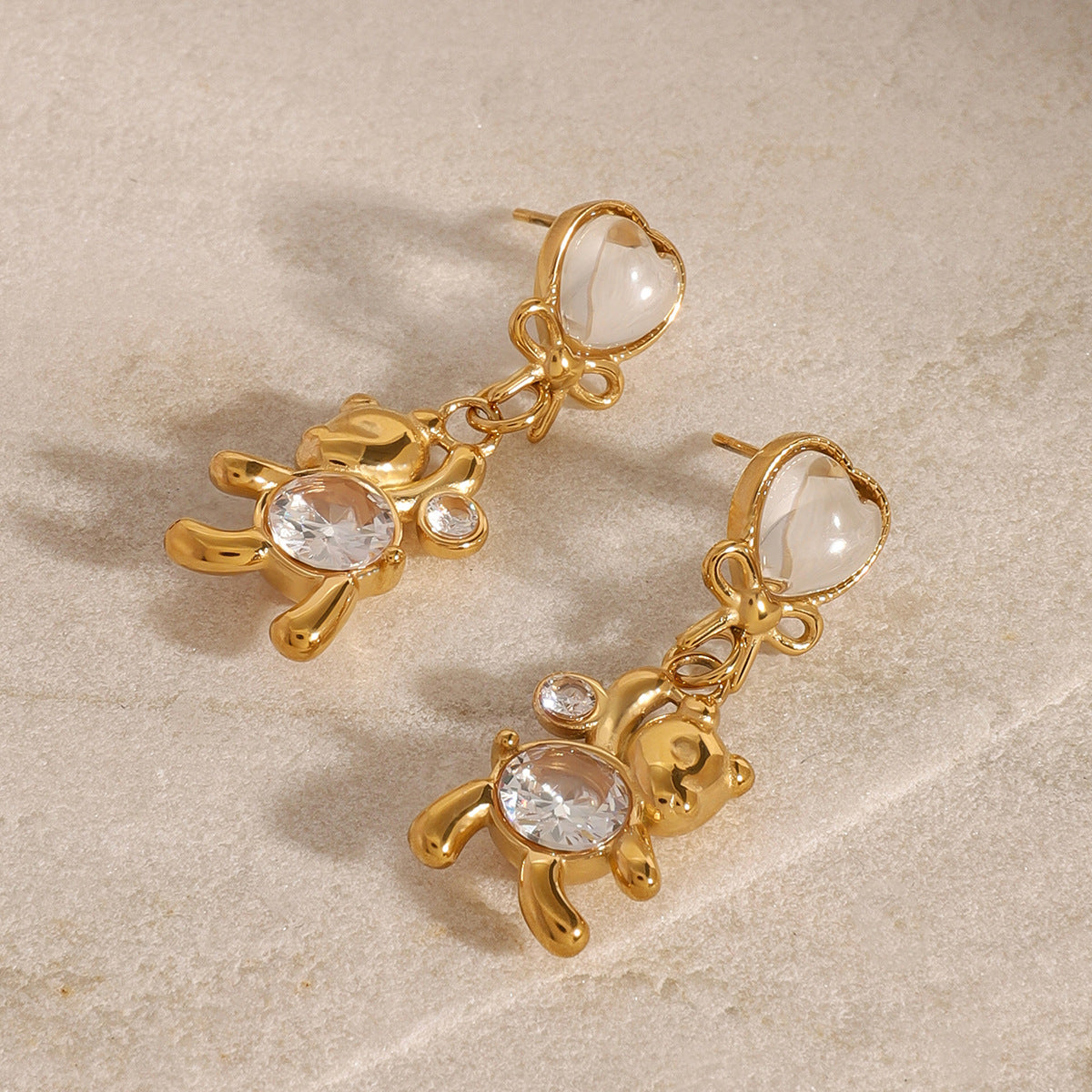 Hypoallergenic Round Bear Earrings with White Zirconia