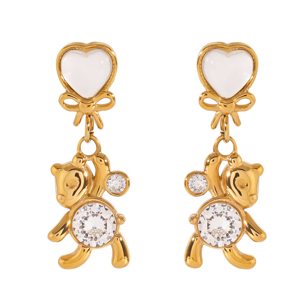 Hypoallergenic Round Bear Earrings with White Zirconia