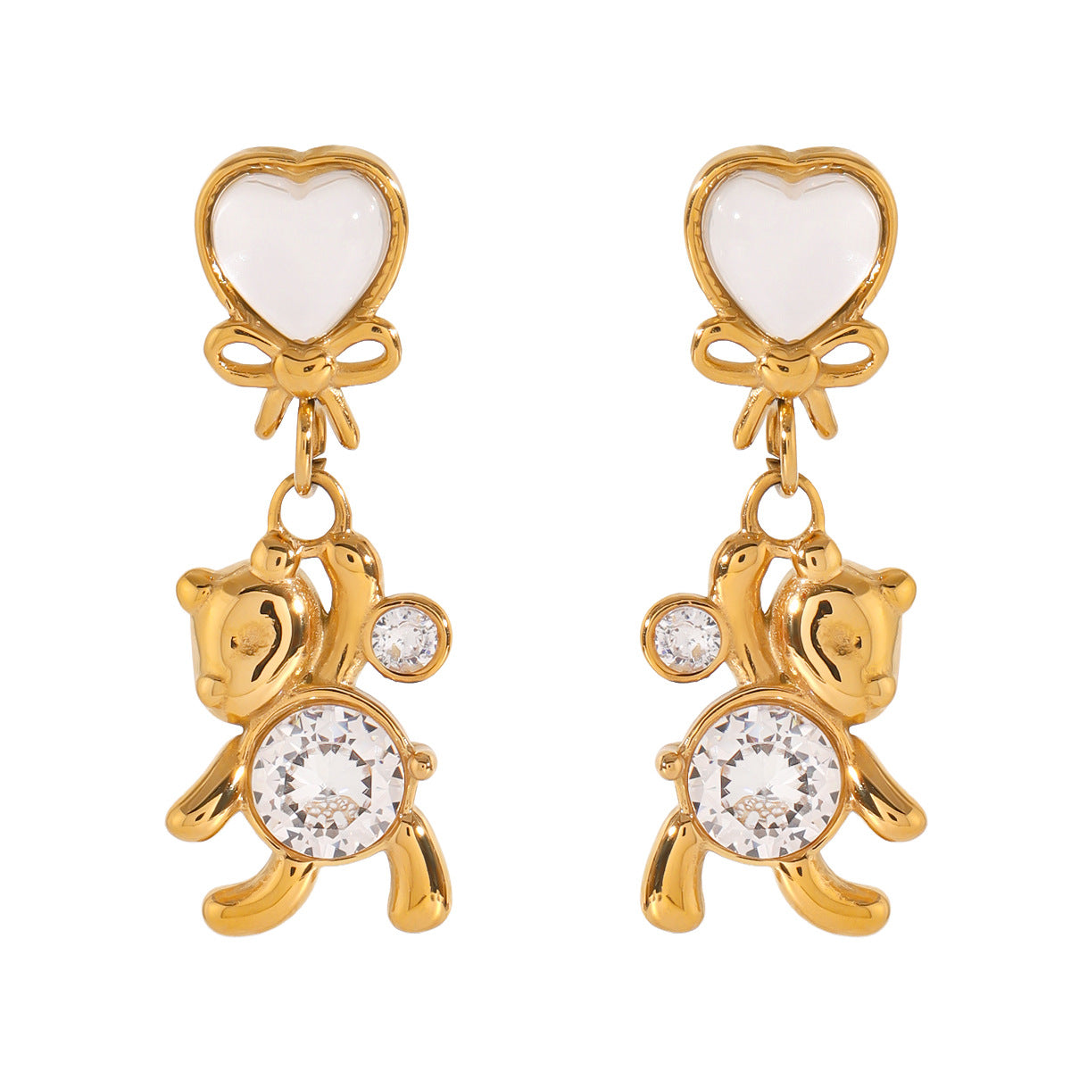 Hypoallergenic Round Bear Earrings with White Zirconia