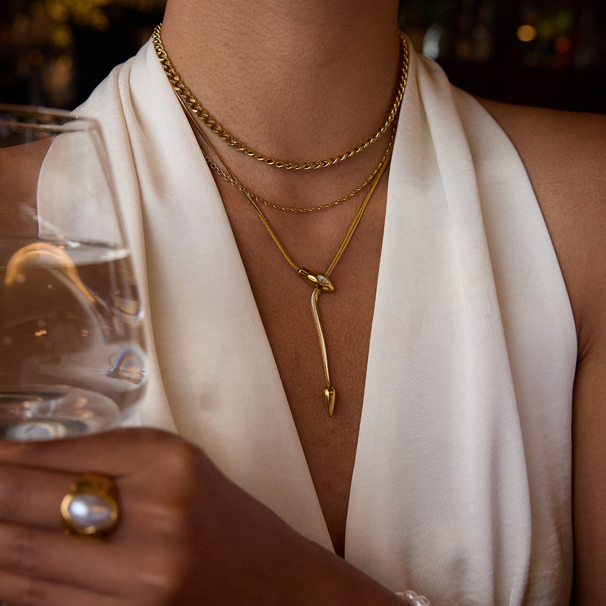 Titanium Steel Serpentine Necklace with Cubic Zirconia