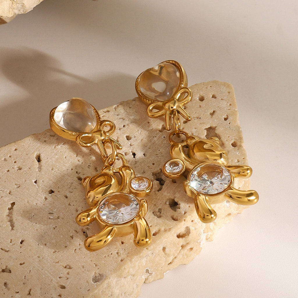 Hypoallergenic Round Bear Earrings with White Zirconia