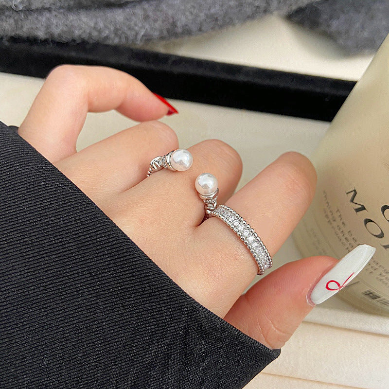 Vintage Style Twisted Pearl & Full Pavé Zirconia Ring Stack Set