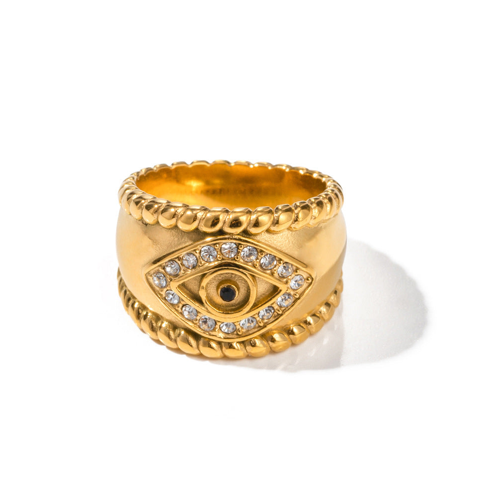 Titanium Steel 18K Gold Plated Black Cubic Zirconia Evil Eye Ring