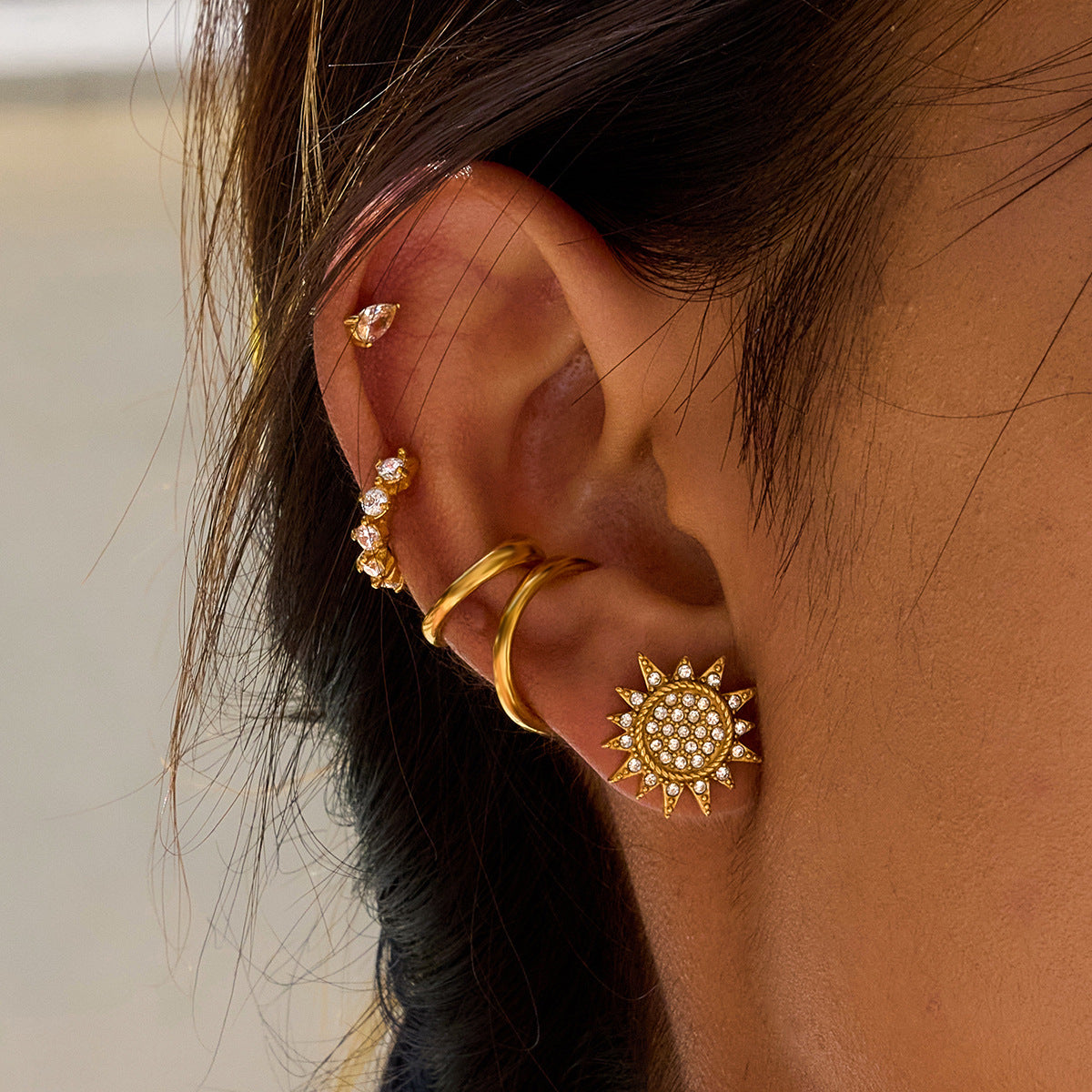 Hypoallergenic Sun-Moon Ear Studs: CZ-Embedded Stainless Steel