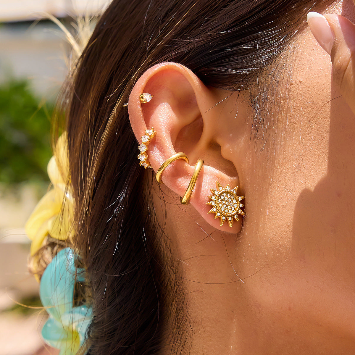 Hypoallergenic Sun-Moon Ear Studs: CZ-Embedded Stainless Steel