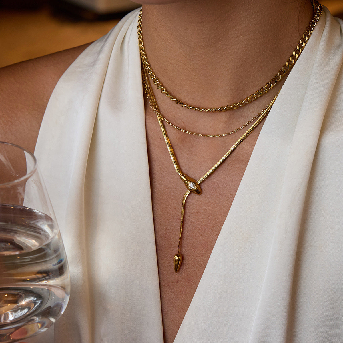 Titanium Steel Serpentine Necklace with Cubic Zirconia