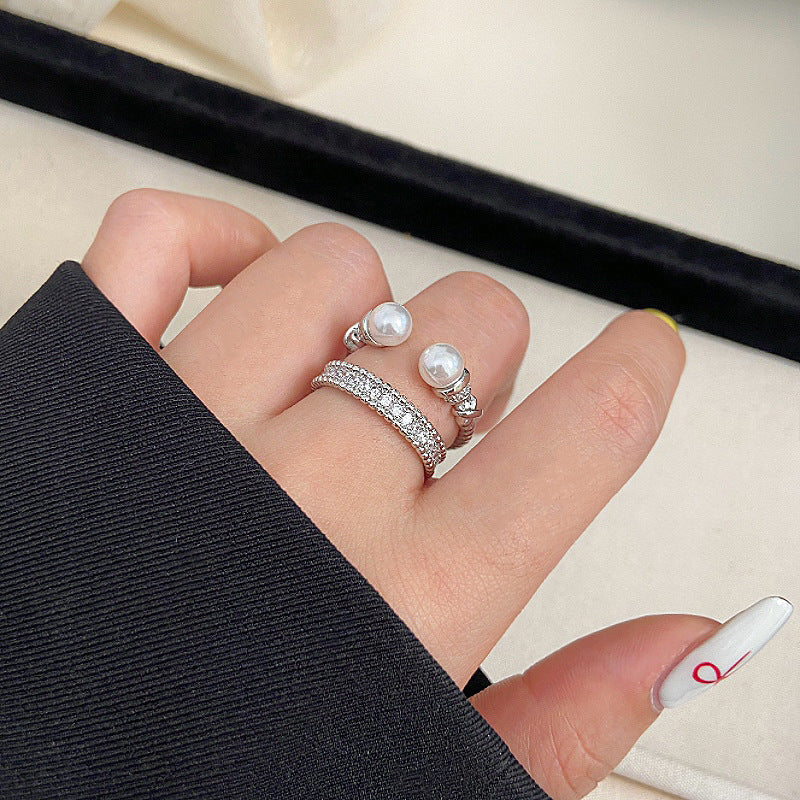 Vintage Style Twisted Pearl & Full Pavé Zirconia Ring Stack Set