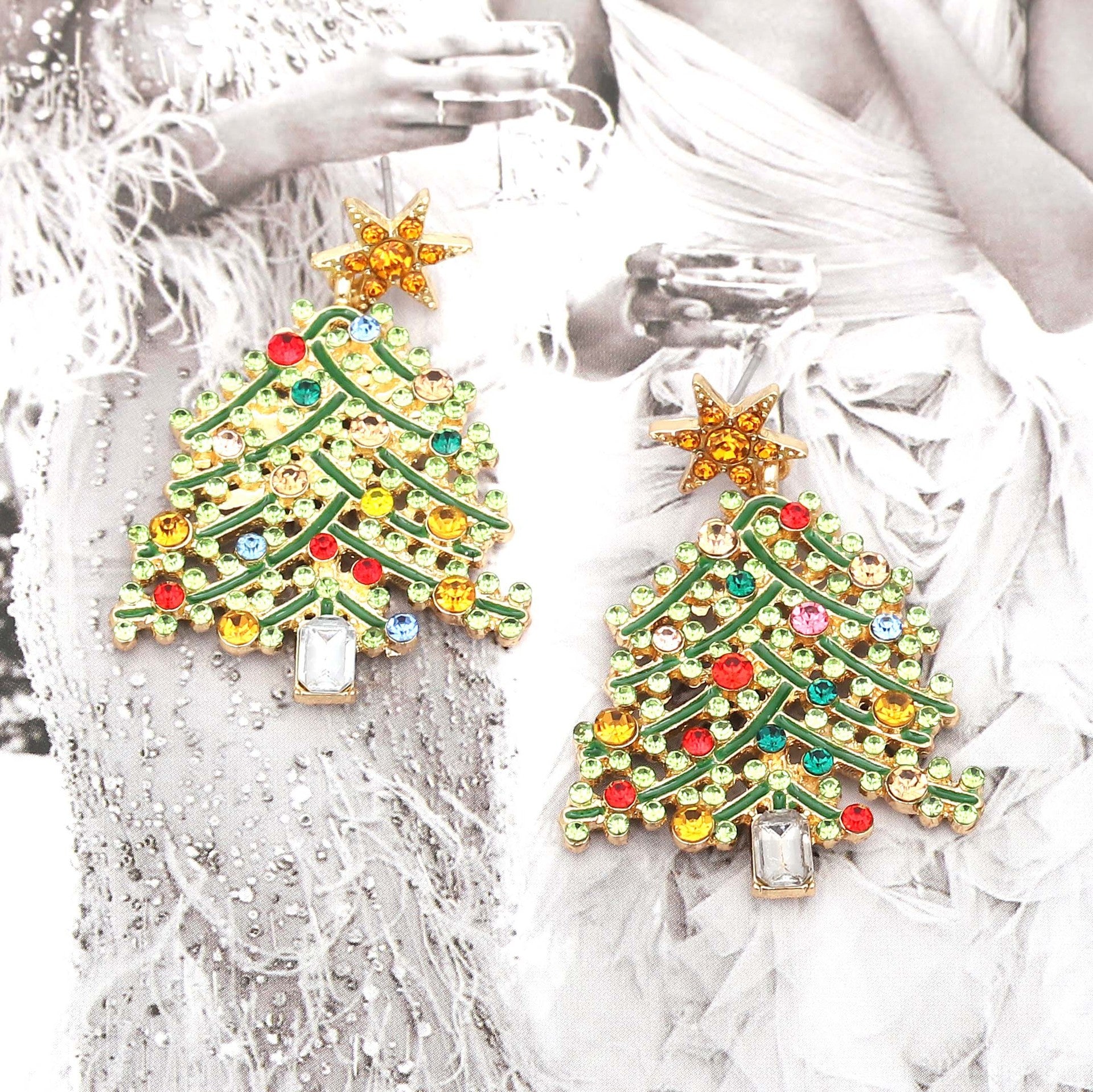 Luxury Hollow-Out Christmas Tree Earrings - Alloy with Crystal Accents