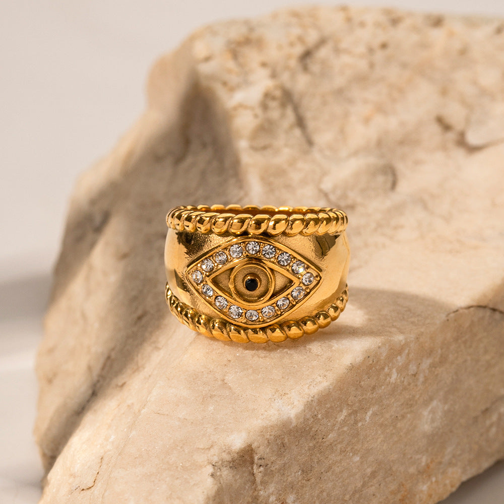 Titanium Steel 18K Gold Plated Black Cubic Zirconia Evil Eye Ring