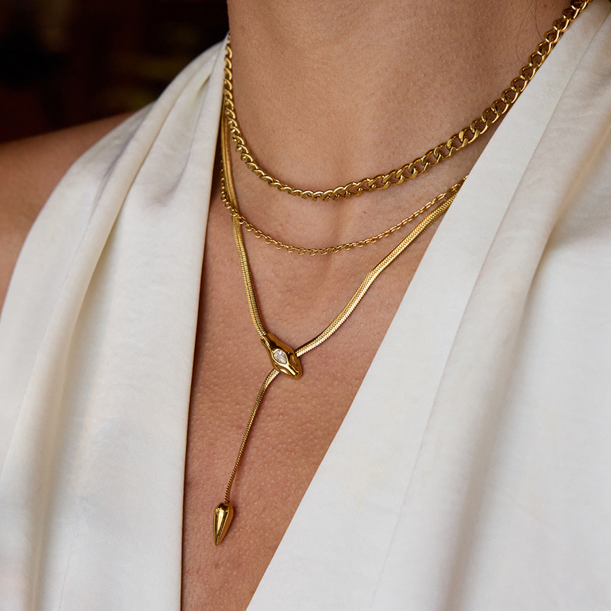 Titanium Steel Serpentine Necklace with Cubic Zirconia