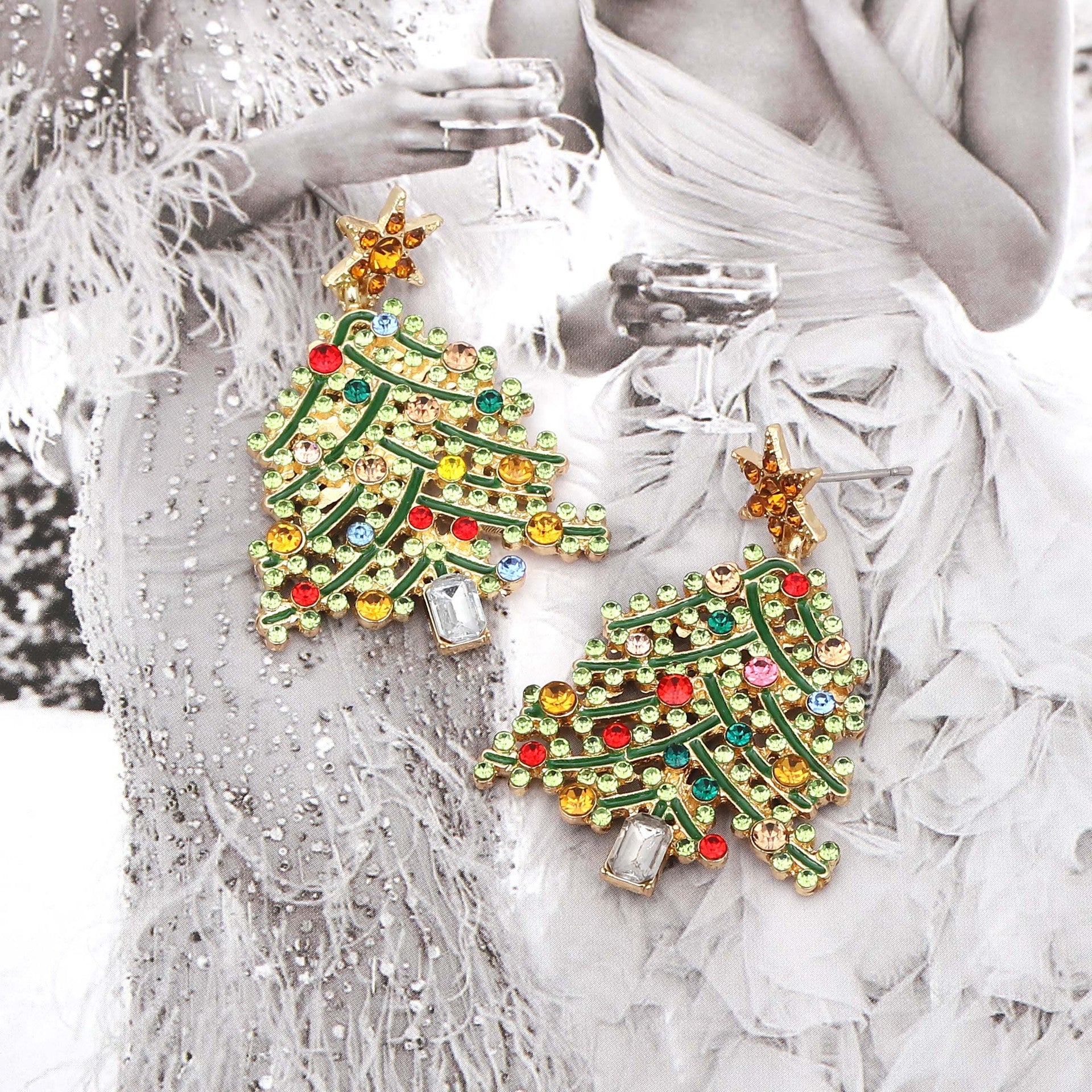 Luxury Hollow-Out Christmas Tree Earrings - Alloy with Crystal Accents