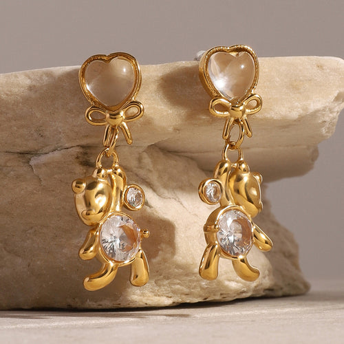 Hypoallergenic Round Bear Earrings with White Zirconia