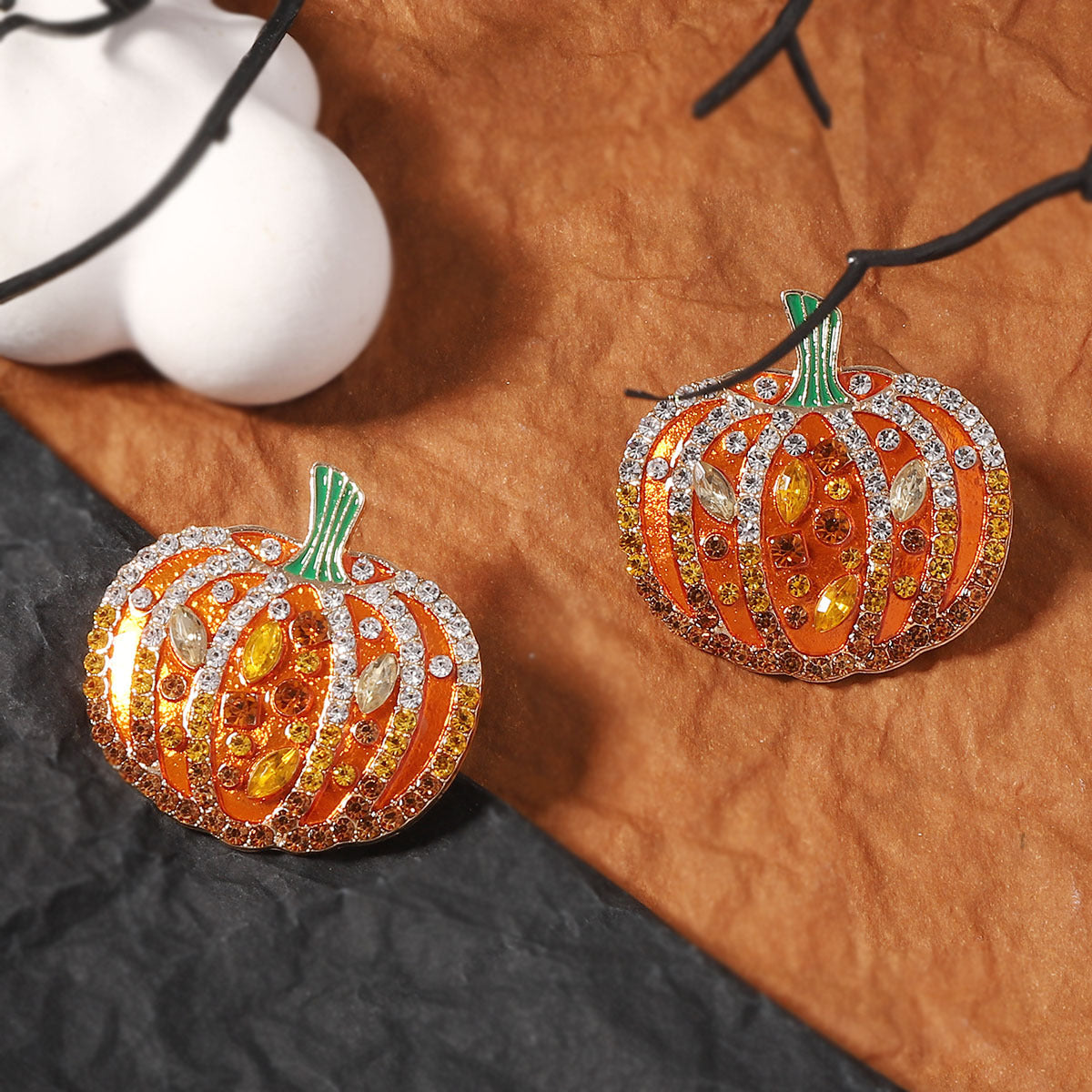 Statement Halloween Earrings - Oversized Glitter Pumpkin Design in Alloy Metal