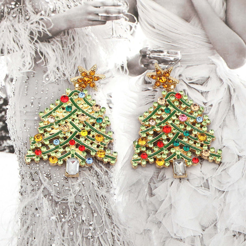 Luxury Hollow-Out Christmas Tree Earrings - Alloy with Crystal Accents