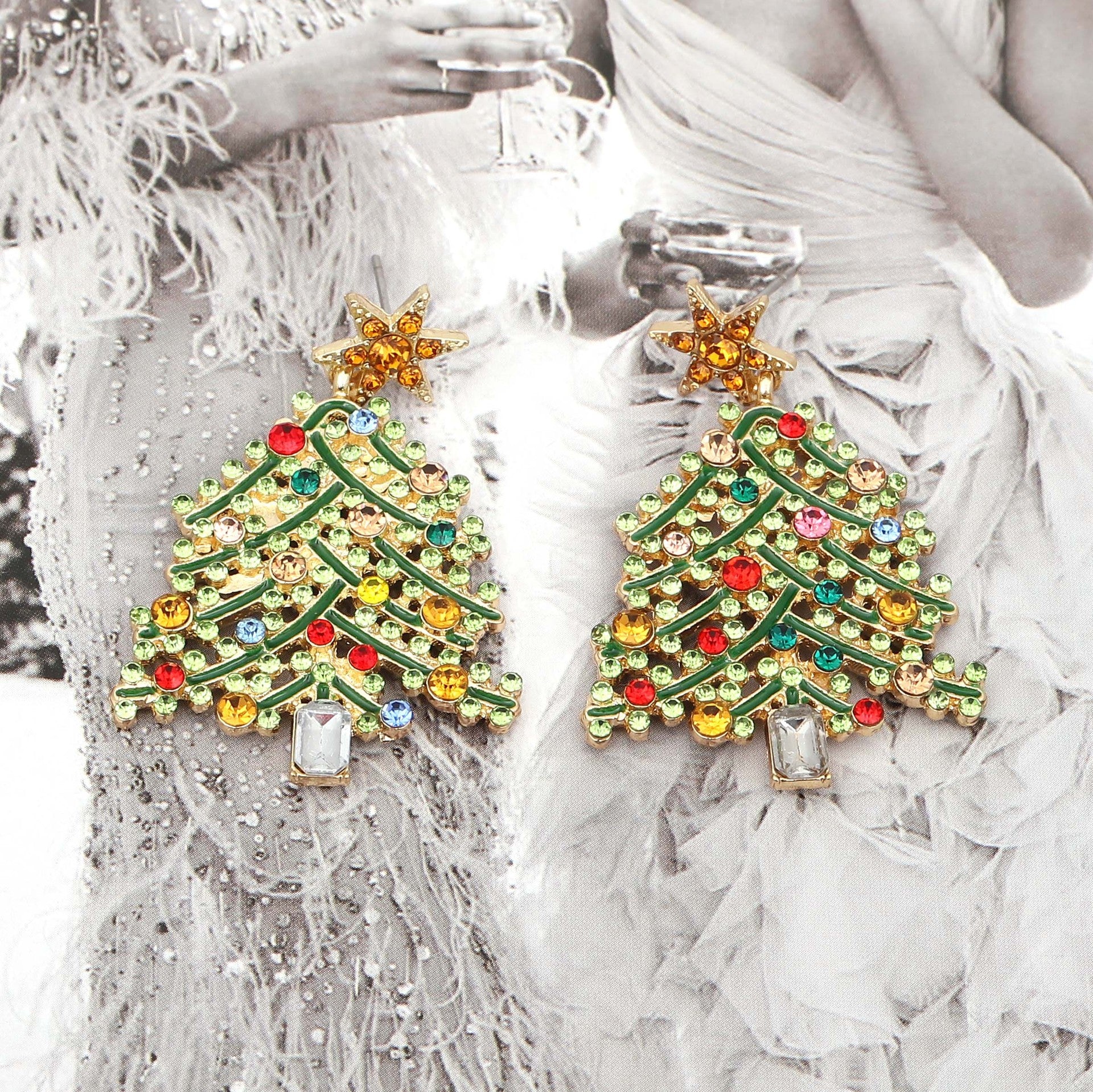 Luxury Hollow-Out Christmas Tree Earrings - Alloy with Crystal Accents