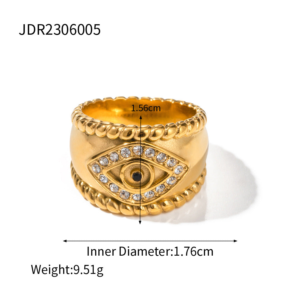 Titanium Steel 18K Gold Plated Black Cubic Zirconia Evil Eye Ring