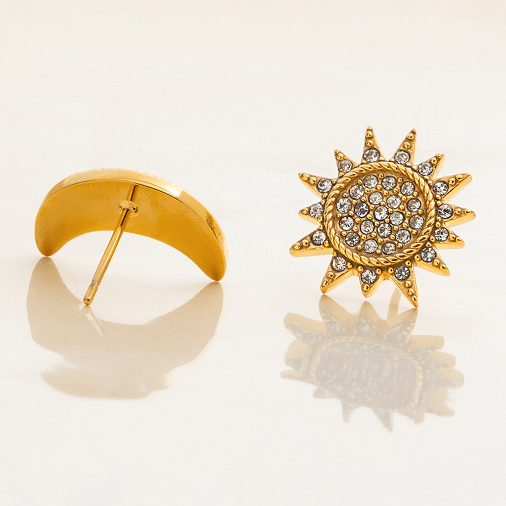 Hypoallergenic Sun-Moon Ear Studs: CZ-Embedded Stainless Steel