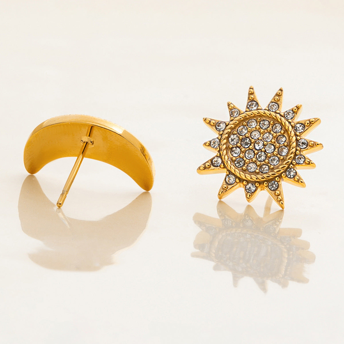 Hypoallergenic Sun-Moon Ear Studs: CZ-Embedded Stainless Steel