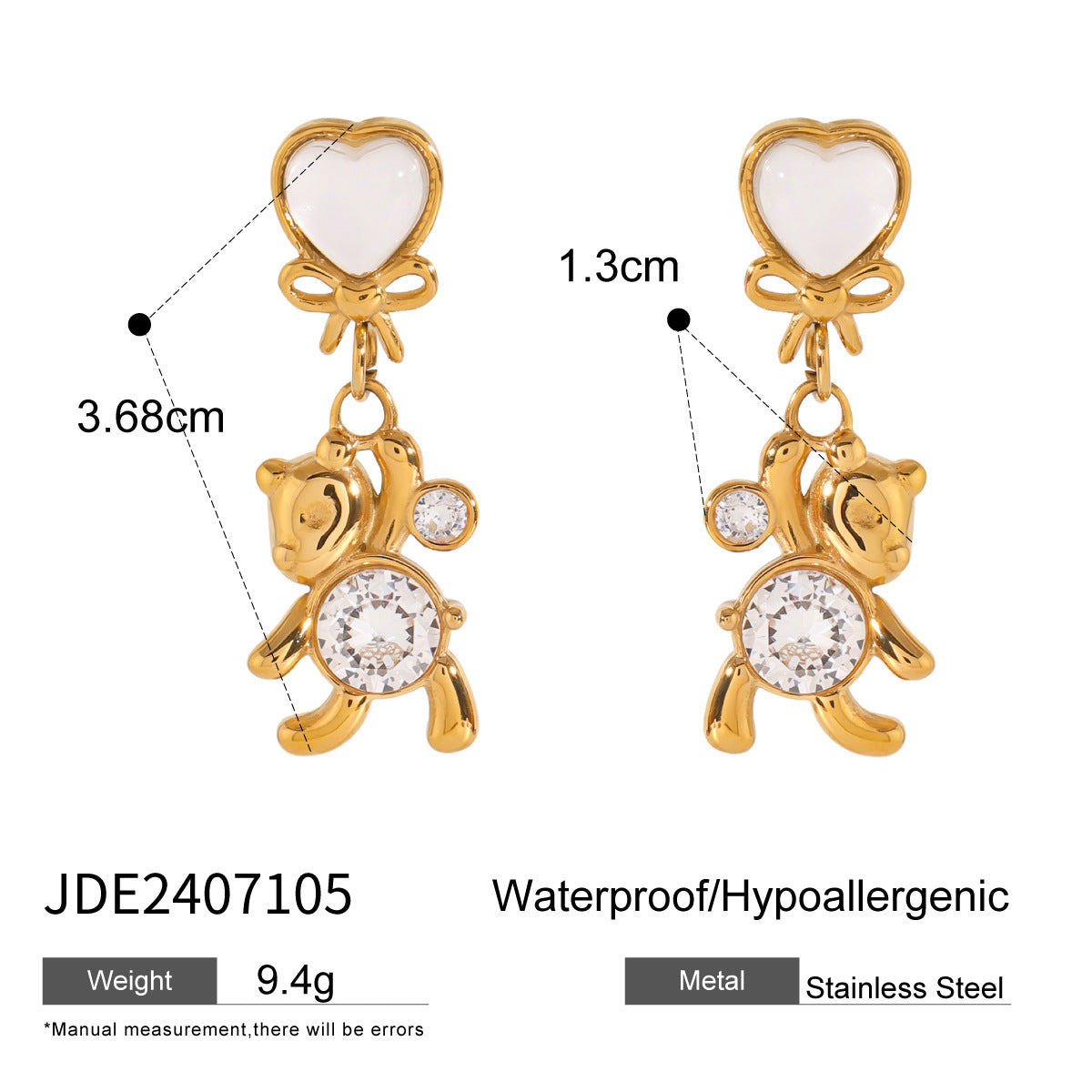 Hypoallergenic Round Bear Earrings with White Zirconia