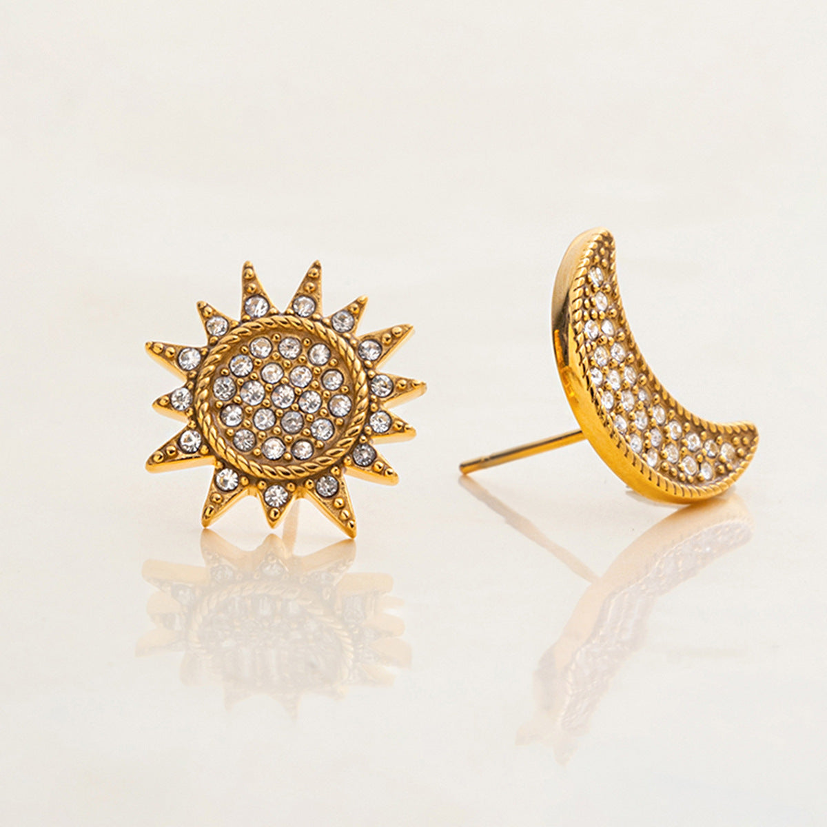 Hypoallergenic Sun-Moon Ear Studs: CZ-Embedded Stainless Steel